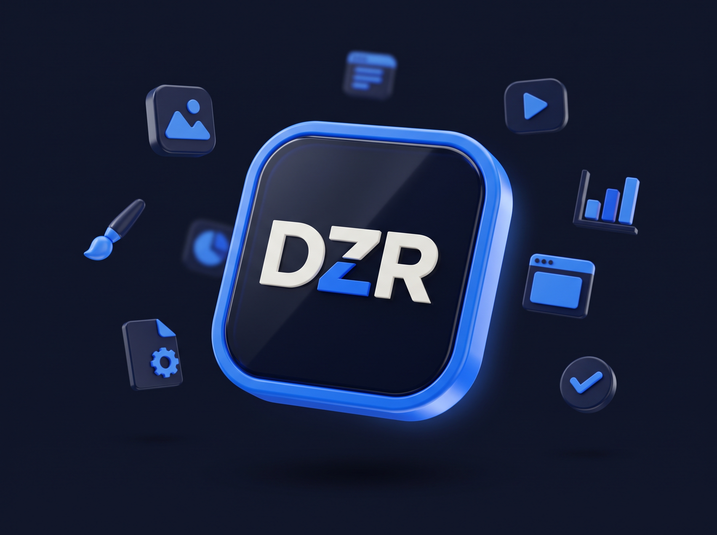Emblema 3D DZR Technologies com ícones de design, sites e conteúdo